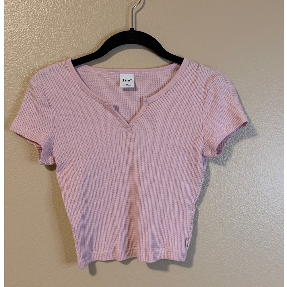 Aritzia Tna Waffle Knit Notch Neck Short Sleeve Crop Top Pink XS